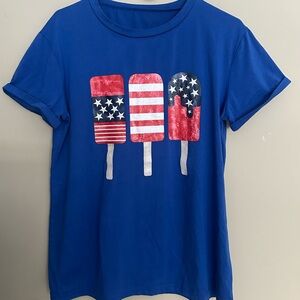 NO BRAND SHOWN size LARGE BLUE Shirt with Patriotic Popsicle Design.